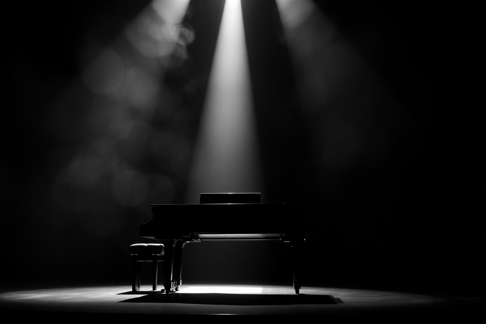 Grand piano under a single spotlight